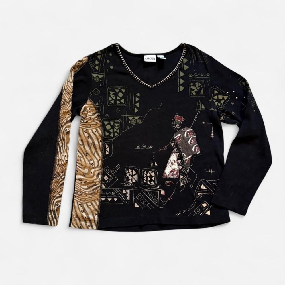 Chico's Retro Whimsigoth Top Patchwork Travel Lon… - image 1